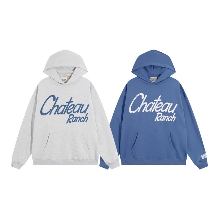 Chateau Ranch Light Gray & Blue Hooded Sweatshirts with Pocket & "Chateau Ranch" Print