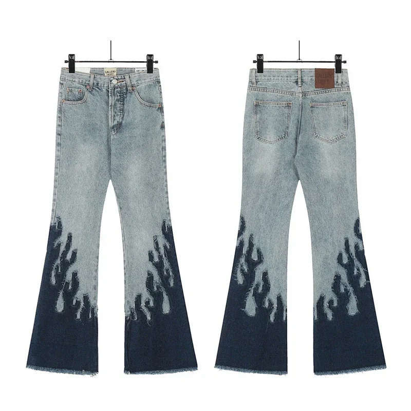 GALLERY Light Blue & Dark Blue Flame - Patterned Frayed Hem Flared Jeans
