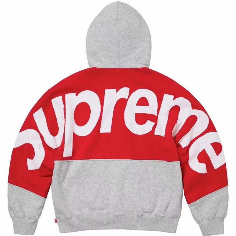 Supreme Red & Gray Color - Blocked Hoodie With White Logo On Back And Sleeves