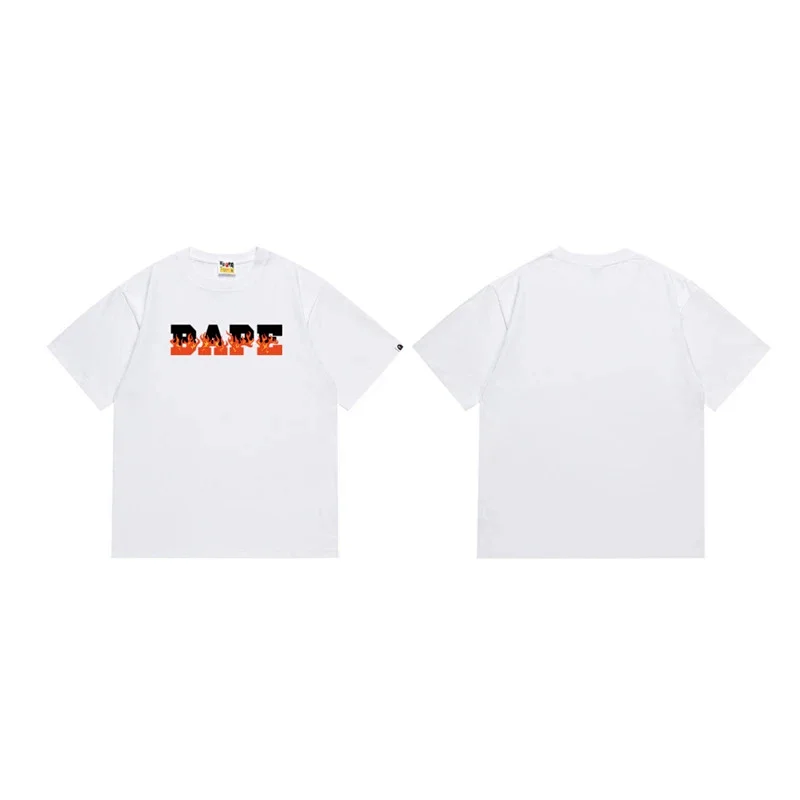 BAPE White Short - Sleeve T - Shirt with Front Flame - Style BAPE Letter Print