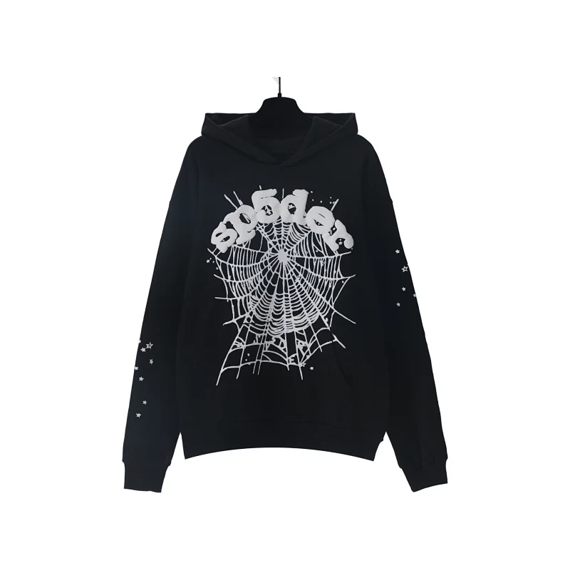 SP5DER Black Spider Web Graphic Hoodie with Star Details