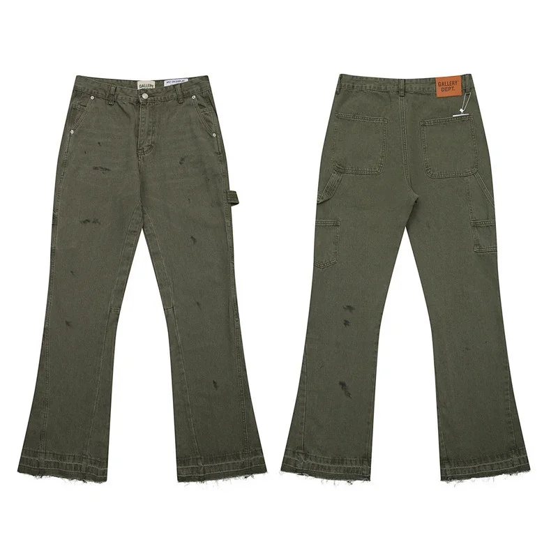 GALLERY DEPT. Olive Green Distressed Flared Cargo Jeans with Multiple Pockets & Frayed Hem