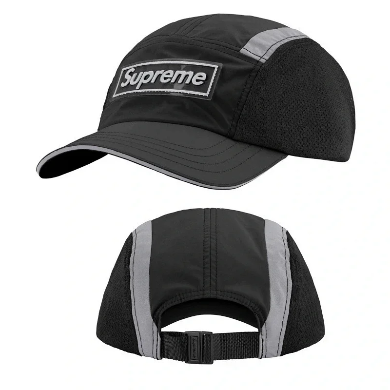 Supreme Black 5-Panel Cap with Mesh & Reflective Stripes
