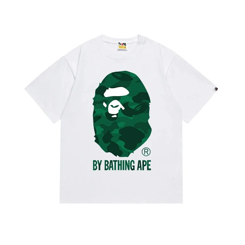 BAPE White T - Shirt with Green Camouflage Ape Head & "BY BATHING APE"