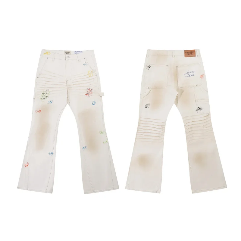 Gallery Dept White Distressed Flared Jeans with Colorful Paint Prints & Pleated Knee Details