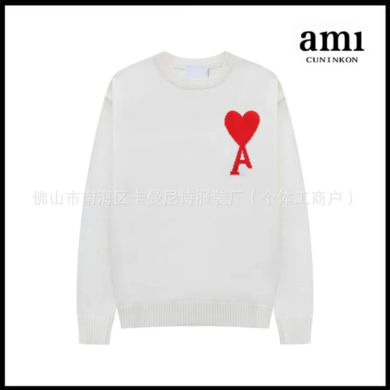 ami White Sweater with Red Heart and Letter A