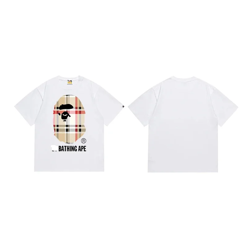 BATHING APE White T - Shirt with Front Plaid Ape Head Graphic
