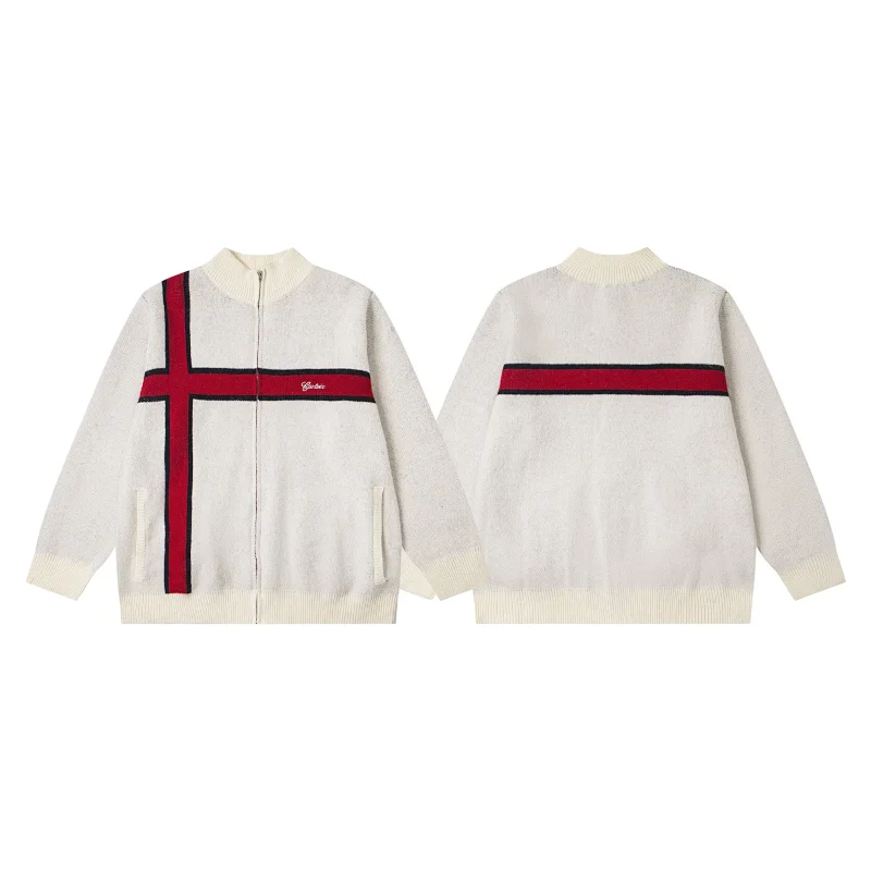 Cttman White Knitted Zip - Up Cardigan with Cross - Shaped Red - Black Stripes
