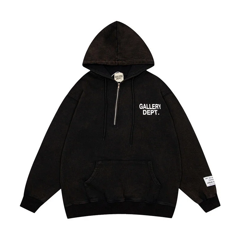 GALLERY DEPT. Vintage Washed Black Half - Zip Hoodie with Chest Logo, Kangaroo Pocket & Cuff Label