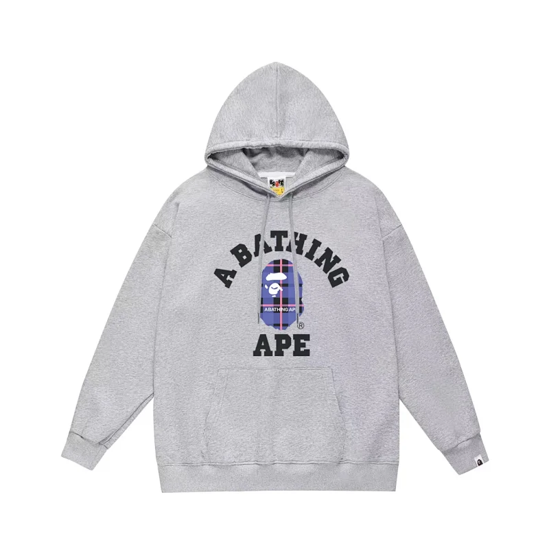 A BATHING APE Gray Hoodie with Plaid Ape Head & Logo Prints