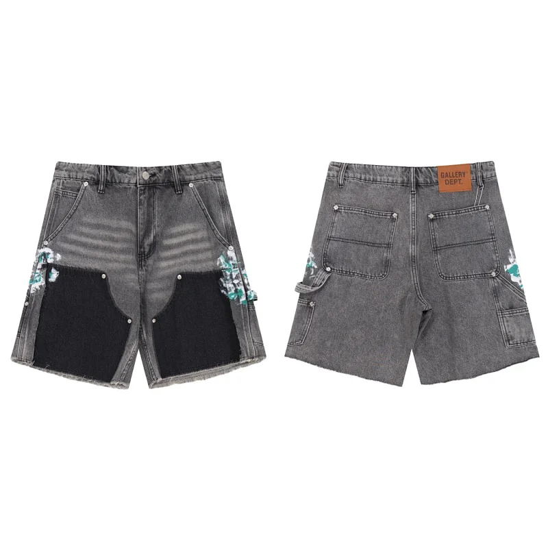 GALLERY DEPT. Gray Denim Shorts with Black Patches, Paint Splatters, Multiple Pockets & Frayed Hems