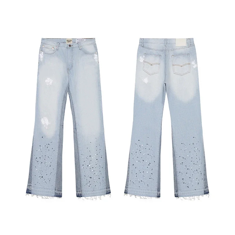 JeansBrand Light Blue Distressed Paint-Splattered Flared Jeans with Fringed Hem