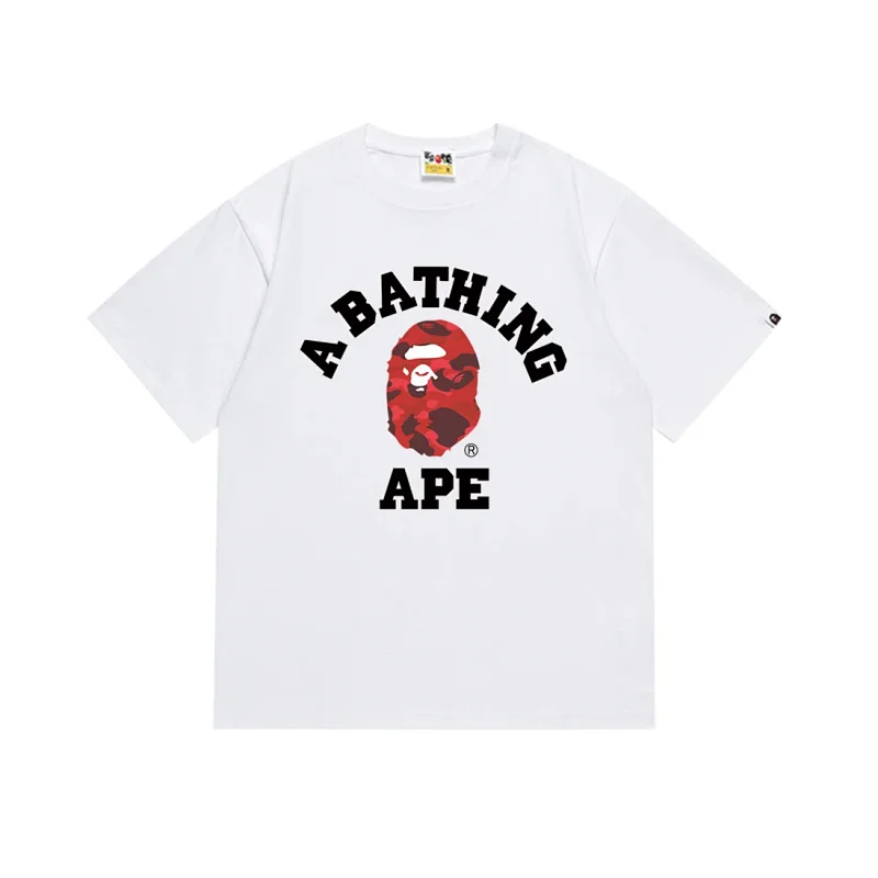 A BATHING APE White T - Shirt with Red Camo Ape Head & Logo Print