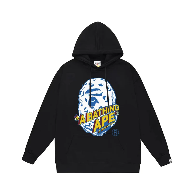 A BATHING APE Black Hoodie with Ape Head Graphic & Brand Text