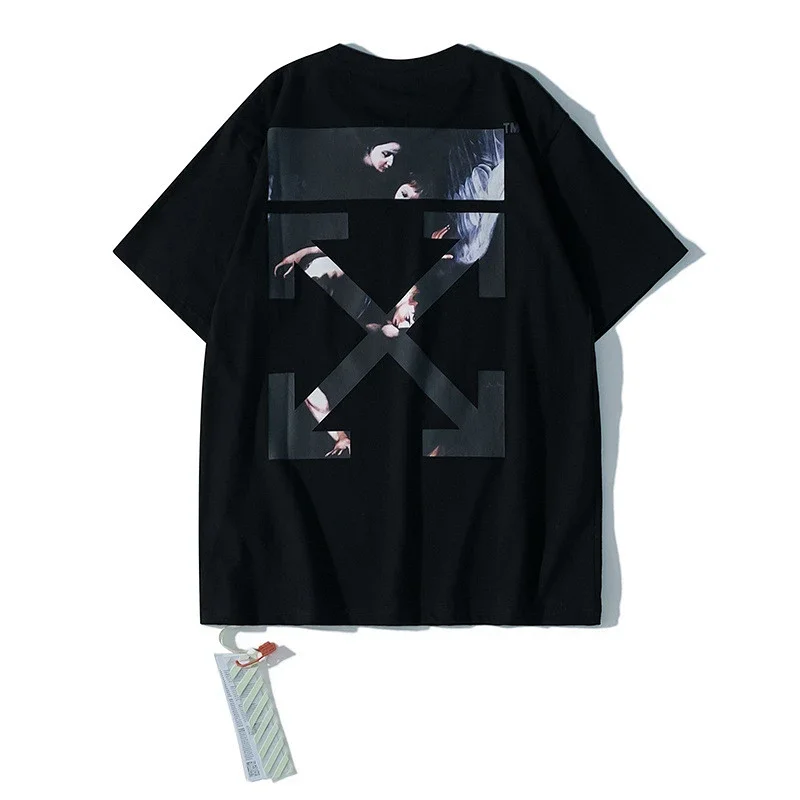 OFF-WHITE Black Short Sleeve T - Shirt with Religious Painting & Arrow Print on Back