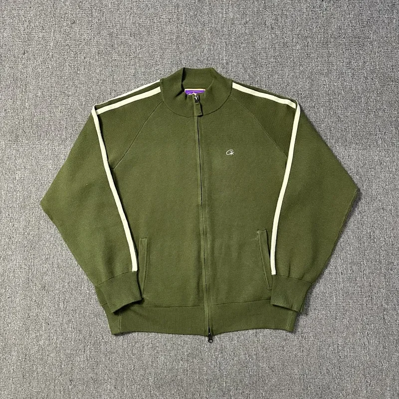 Calvin Klein Olive Green Zip - Up Track Jacket with White Stripes & Pockets