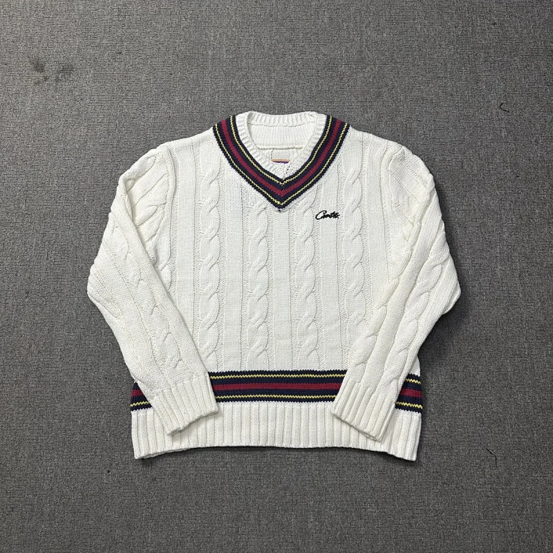 Corteiz White Cable - Knit V - Neck Sweater with Striped Trim