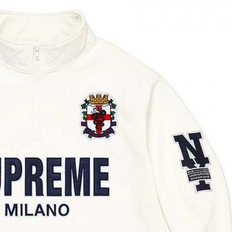 Supreme White Half - Zip Sweatshirt w/ Milano Logo, Crest & NY Patch