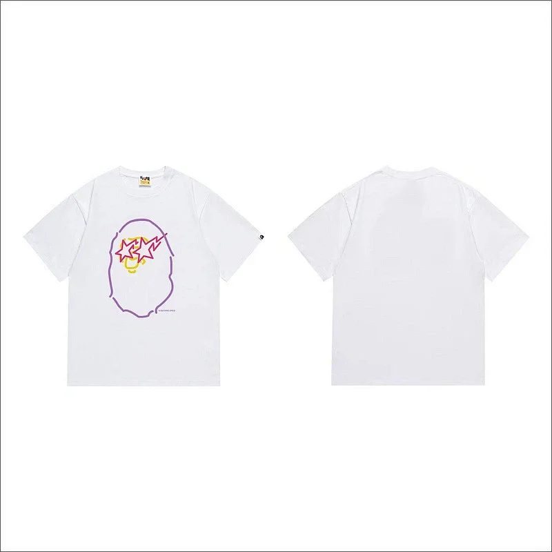 BAPE White T - Shirt with Front Ape - Head Outline, Stars & Lightning Graphic