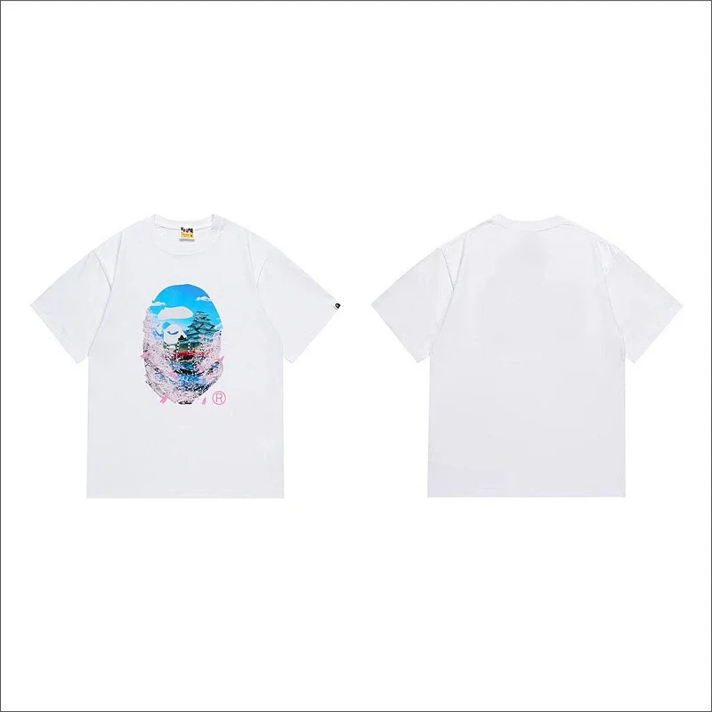BAPE White T - Shirt with Cherry Blossom, Castle & Ape Head Graphic
