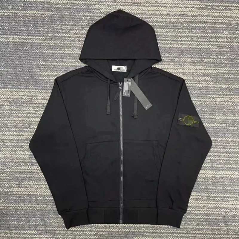 Stone Island Black Hooded Zip - Up Sweatshirt with Signature Arm Badge, Drawstring Hood and Front Pocket