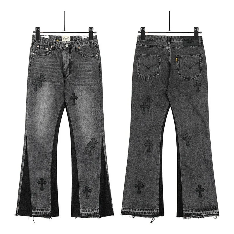 GALLERY DEPT Dark Gray Cross - Embroidered Paneled Flared Jeans with Fringed Hem