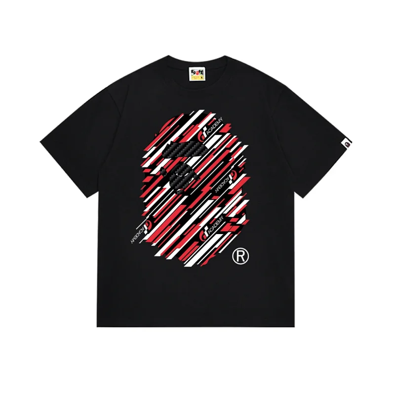 BAPE Black T - Shirt with Ape Head Red & White Stripes Graphic