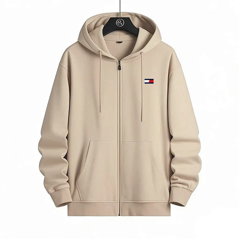 Tommy Hilfiger Beige Zip - Up Hoodie with Logo & Pockets
