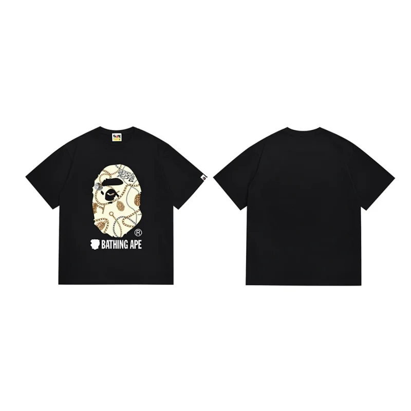BAPE Black T - Shirt with Chain - Decorated Ape Head & "BATHING APE" Logo