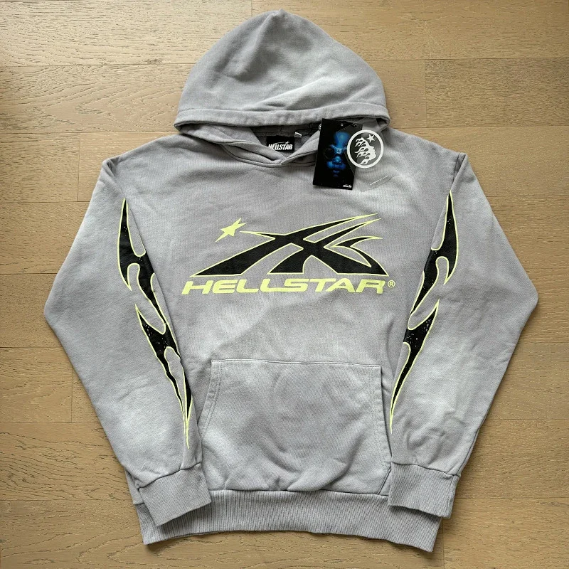 HELLSTAR Gray Hoodie with Neon Yellow & Black Flame - like Patterns, Logo & Kangaroo Pocket