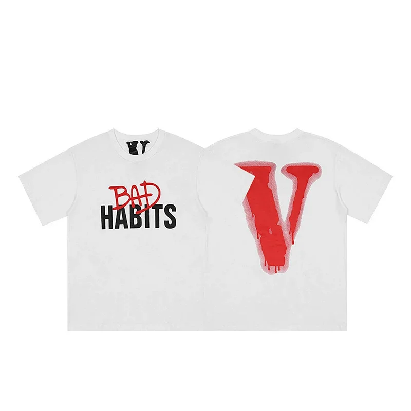 VLONE White T - Shirt with "BAD HABITS" Front Print and Red Dripping V Back Design