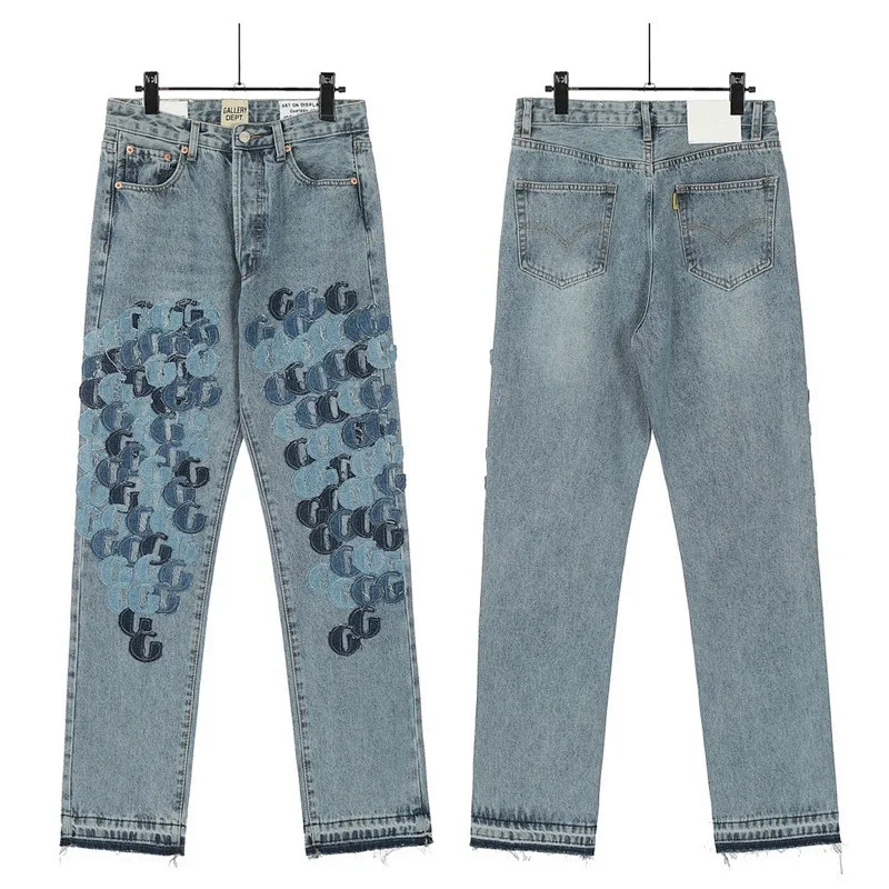 GUCCI Light Blue Distressed Denim Jeans with GG Embroidery and Fringed Hems