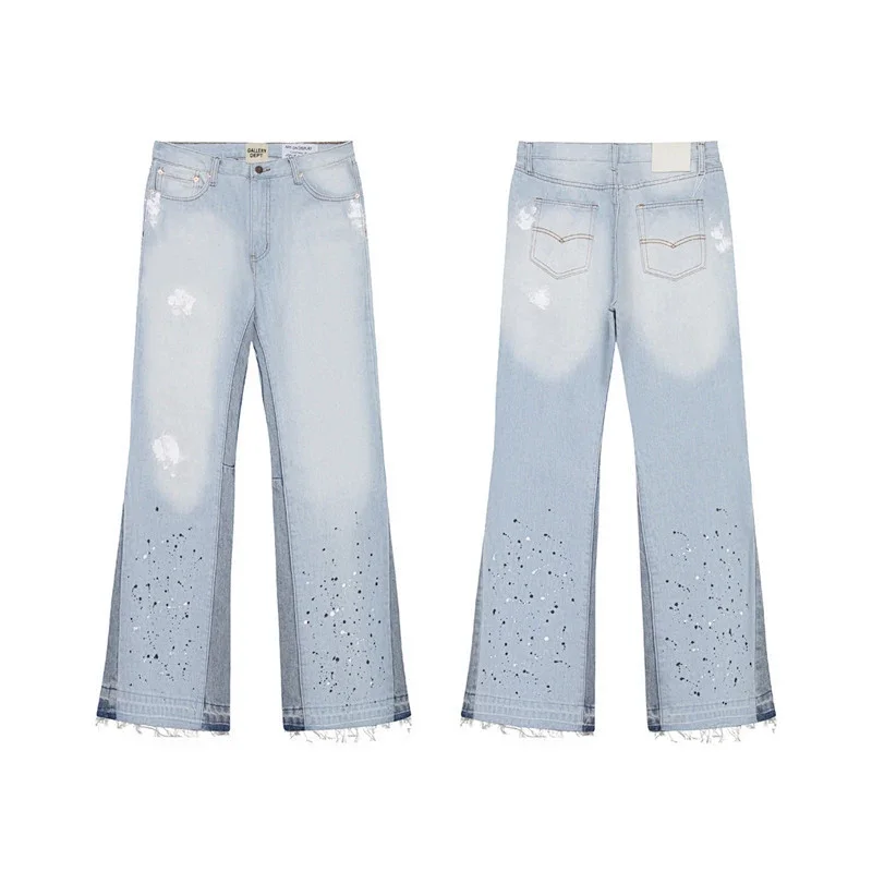 CHUU Light Blue Distressed Paint - Splatter Flared Jeans with Frayed Hem & Paneled Design