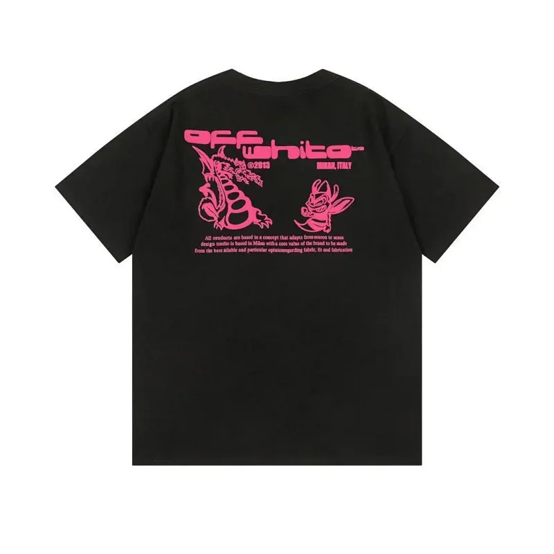 OFF-WHITE Black T - Shirt with Pink Cartoon & Text Back Design