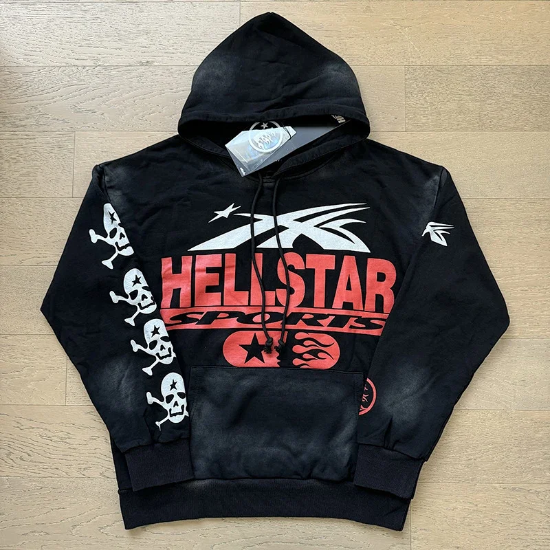 HELLSTAR Black Hoodie with Skull Crossbones, Hellstar Sports Print & Distressed Wash