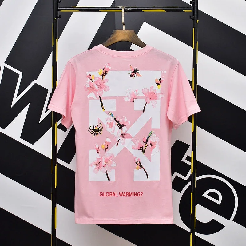 OFF-WHITE Pink T - Shirt with Cherry Blossom, Spider, Bee Prints & "GLOBAL WARMING?" Text