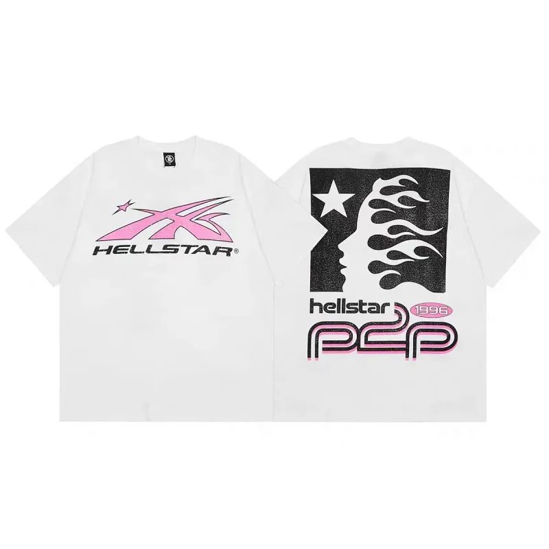 HELLSTAR White Short - Sleeve T - Shirt with Pink Front Logo & Back Graphic (Hellstar 1996 P2P Design)