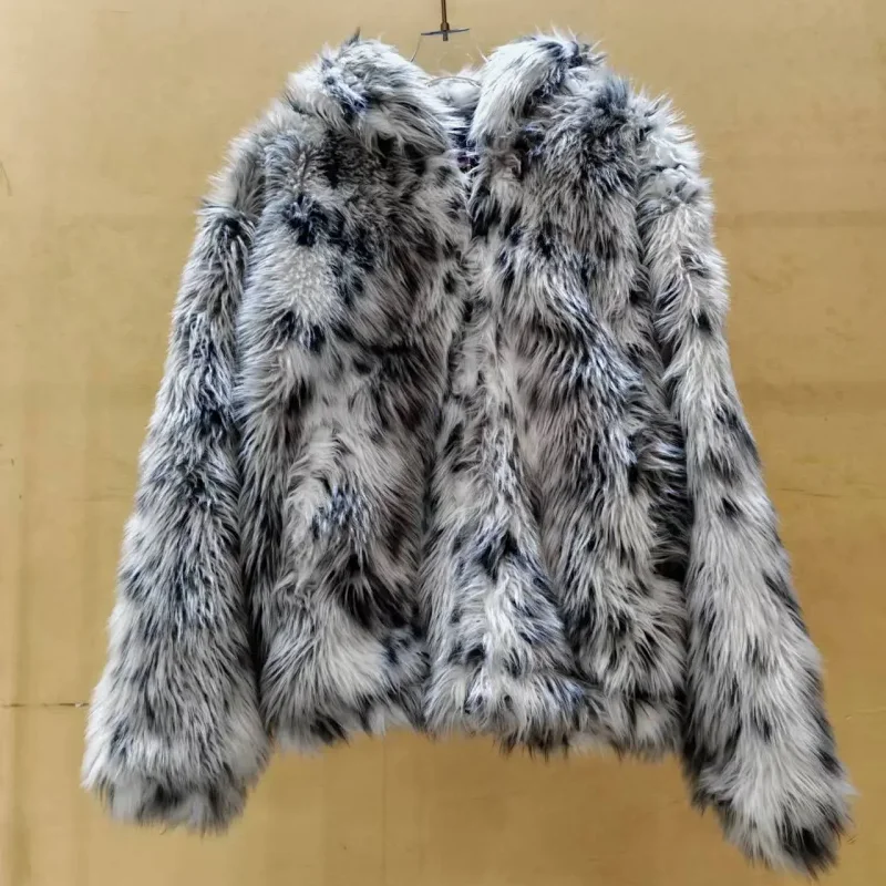FurChic Gray Black Spotted Fluffy Faux Fur Jacket
