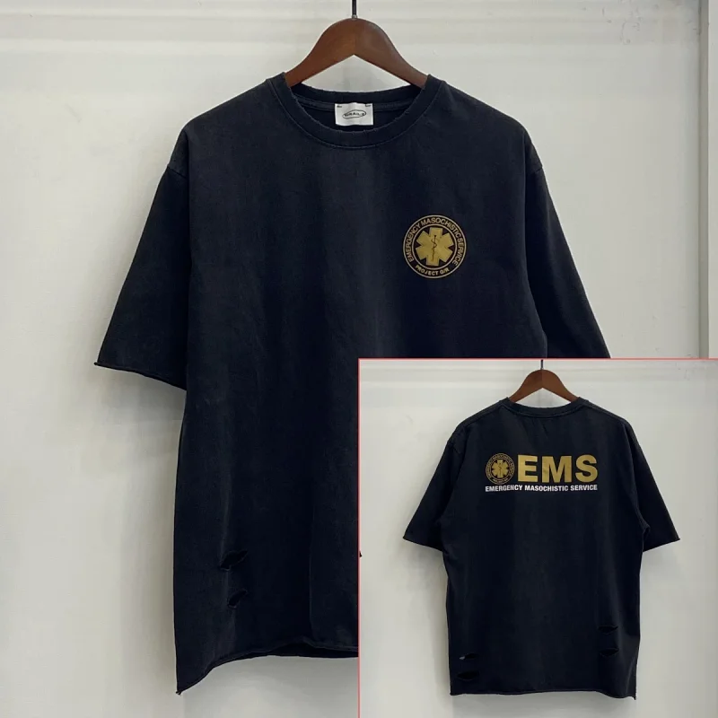 [Brand] Black Distressed T - Shirt with Front Emblem & Back EMS Print