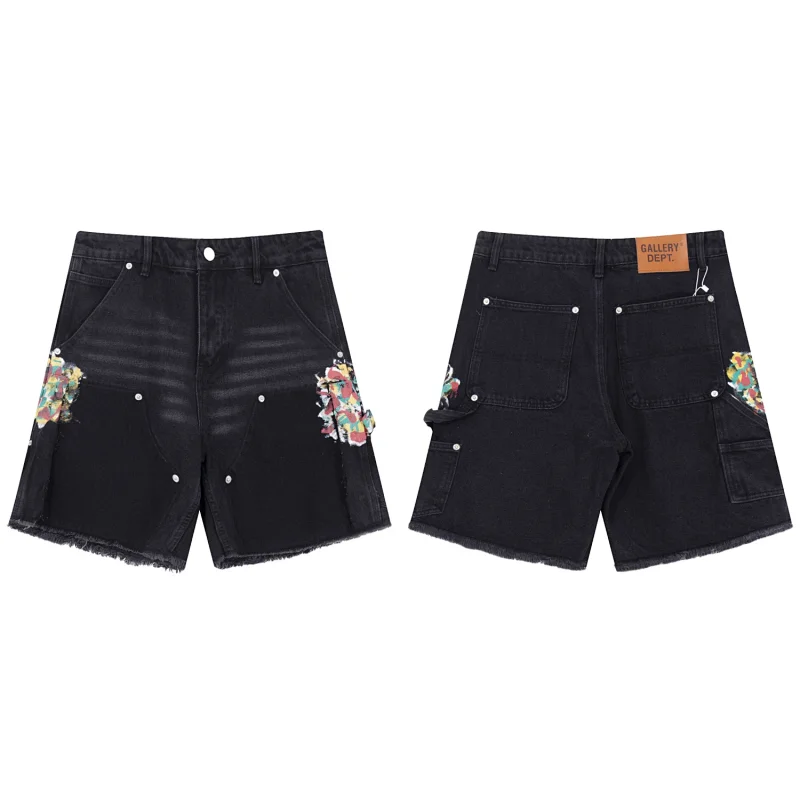 GALLERY DEPT. Black Denim Shorts with Colorful Patches, Rivets, Frayed Hems & Multi - Pockets