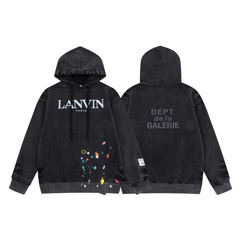 LANVIN Black Hooded Sweatshirt with Paint Splatter & Brand Logos