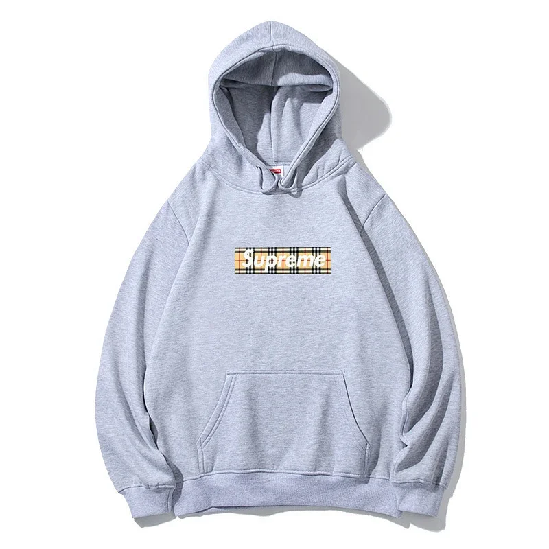 Supreme Light Gray Hoodie with Plaid Logo