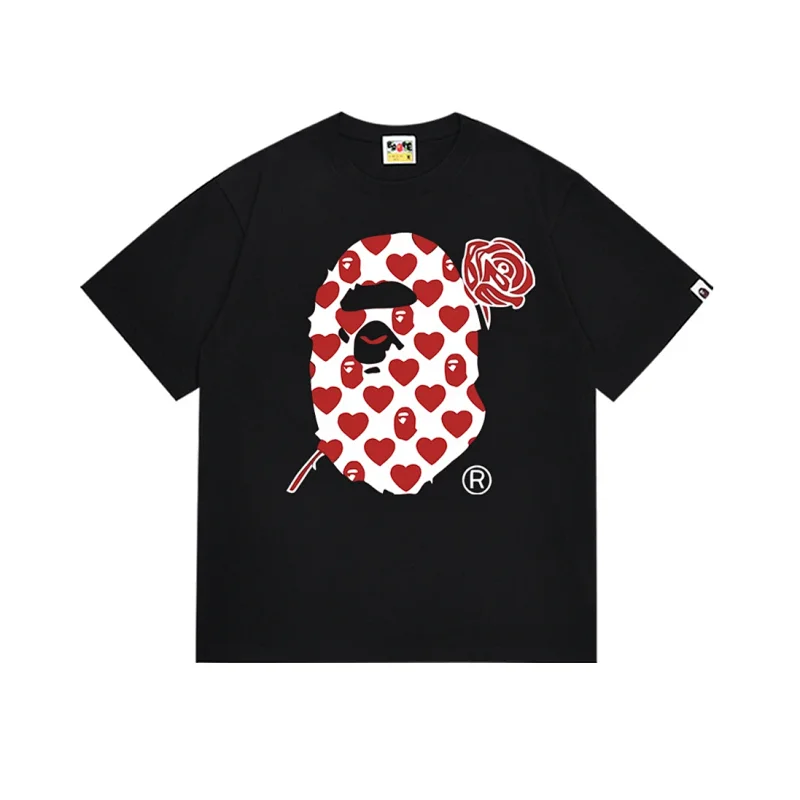 BAPE Black T - Shirt with Red Heart Ape Head & Rose