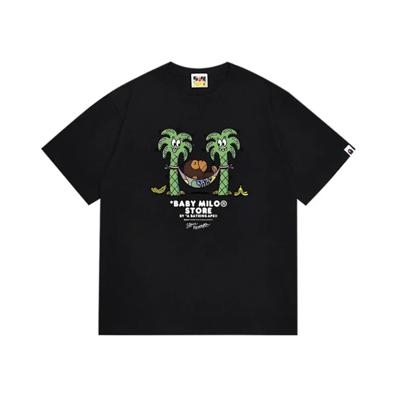 A BATHING APE Baby Milo Black T - Shirt with Cartoon Palm Trees, Hammock & Banana Graphic