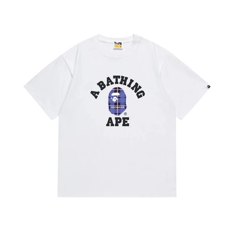 A BATHING APE White T - Shirt with Purple Plaid Ape Head Graphic