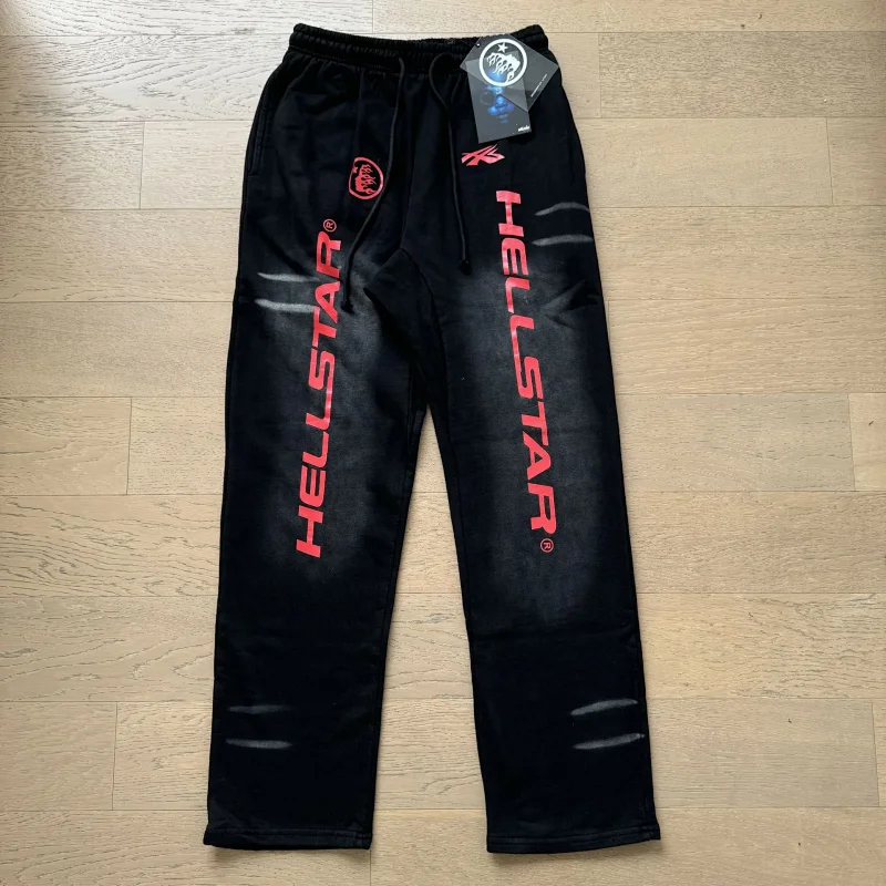 HELLSTAR Black Casual Sweatpants with Red Logo Print & Distressed Details