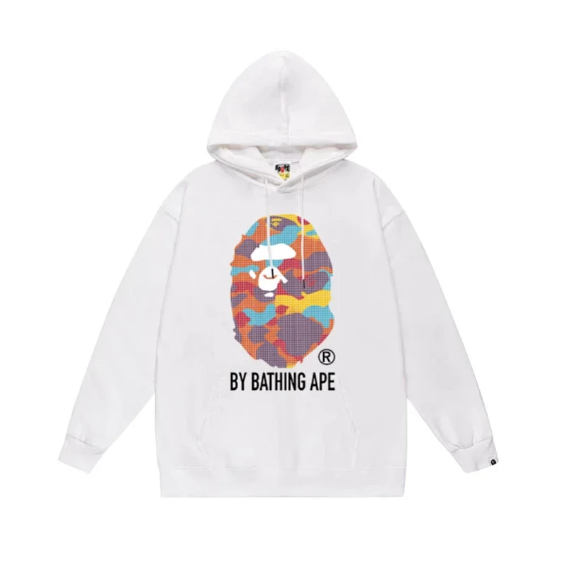 BATHING APE White Hoodie with Colorful Camouflage Ape Head & "BY BATHING APE" Text