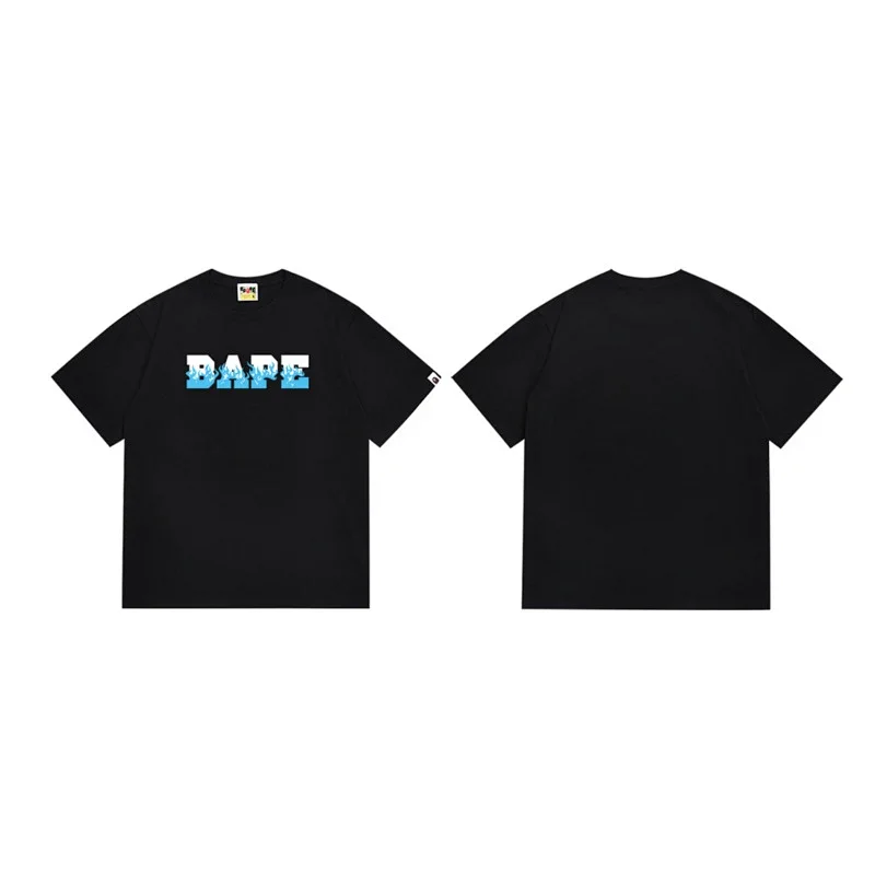 BAPE Black Short Sleeve T - Shirt with Front Blue Flame Logo