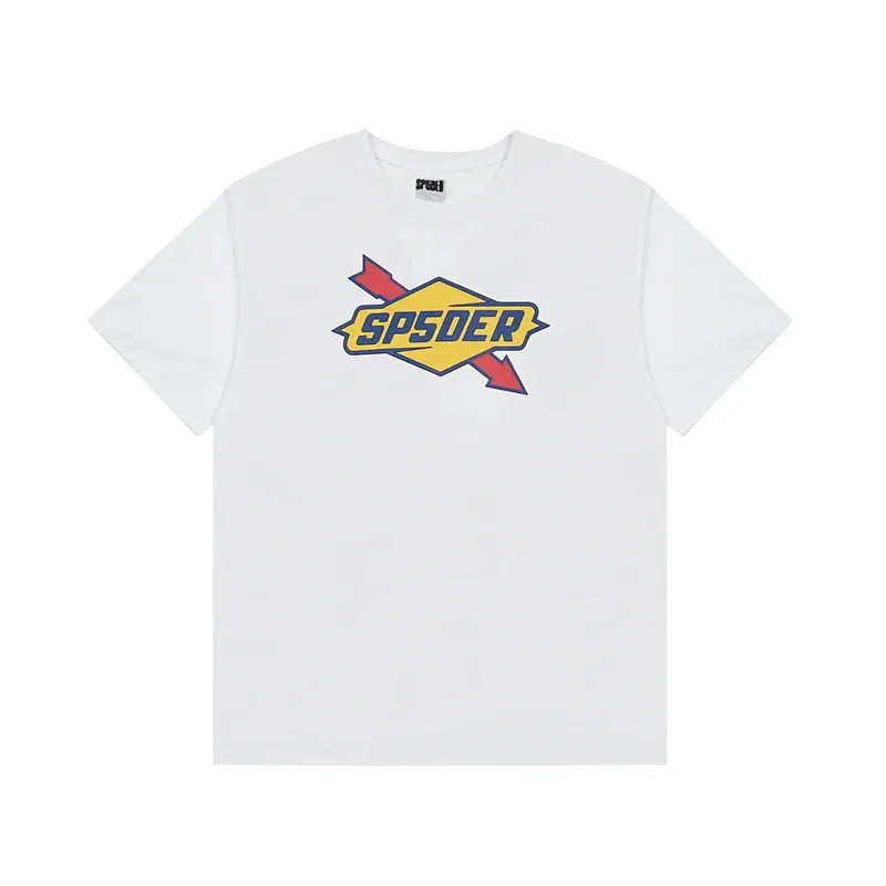 SPSDER White Short - Sleeve T - Shirt with Yellow Diamond, Red Arrow & Blue "SPSDER" Graphic