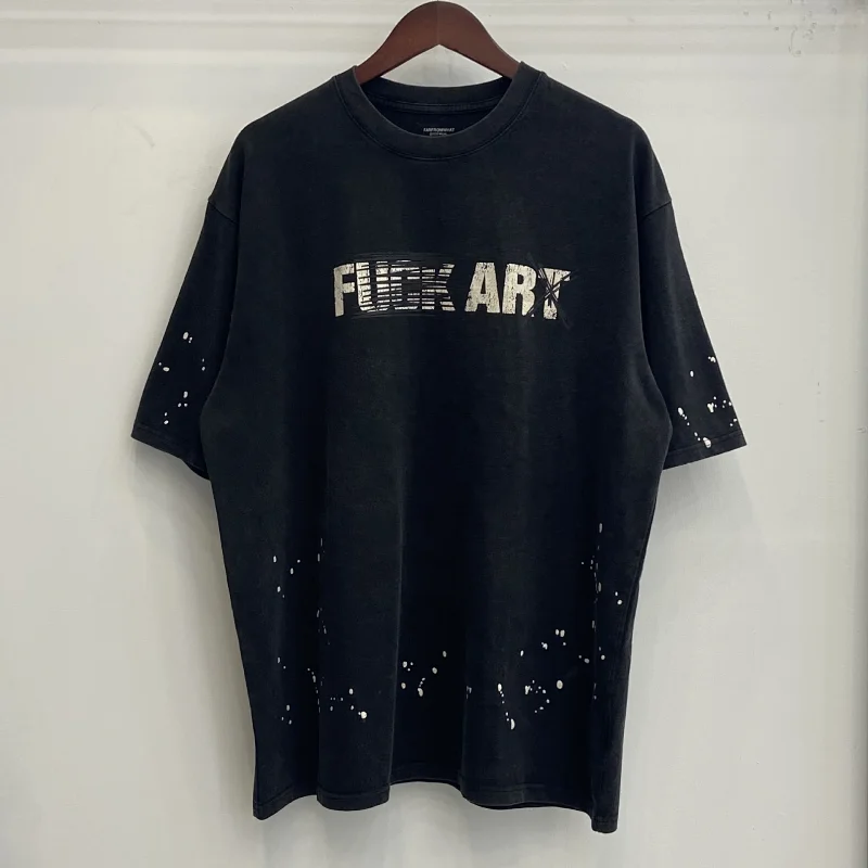 UNKNOWN Black Oversized T - Shirt with "FUCK ART" Print & White Paint Splatters